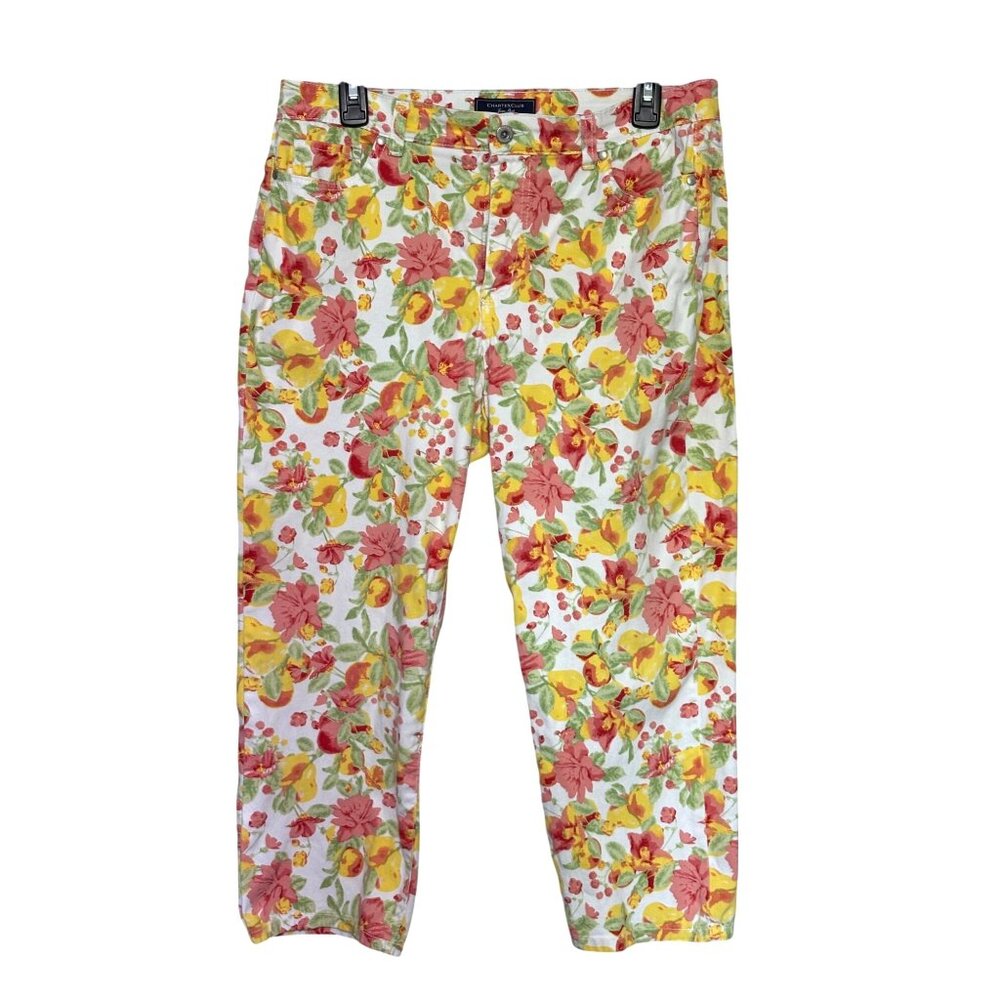 Charter Club Womens Floral Capri Pants Size 10 White/Yellow/Pink‎ Cotton/Spandex